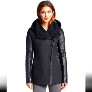 Mackage Navy Blue Wool and Genuine Black Leather Sleeve Asymmetrical Coat